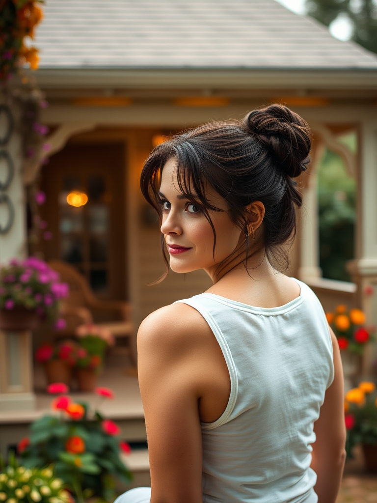 A photo of Helena Bonham Carter with a background of a cozy porch. She has dark hair pulled back in an updo, with tendrils framing her face. She wears a white tank top and sits on the porch. The porch is part of a well-lit home with a warm, earthy tone and colorful flowers and foliage. The overall scene has a warm, welcoming, and comfortable ambiance.