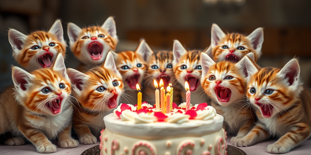 A joyful scene of ten adorable kittens with their mouths open in playful meows, gathered around a beautifully decorated birthday cake with lit candles, soft diffused lighting, macro lens, f/2.8 aperture, 50mm focal length, ISO 100, shot at eye level to capture their expressions and details.