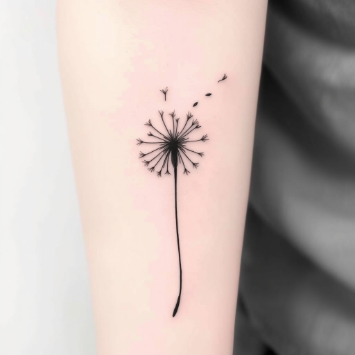 Minimalist fine line tattoo called "Whispered Memories" depicting a delicate silhouette of a dandelion with seeds floating away in the wind, rendered in ultra-thin black lines for a subtle and elegant effect