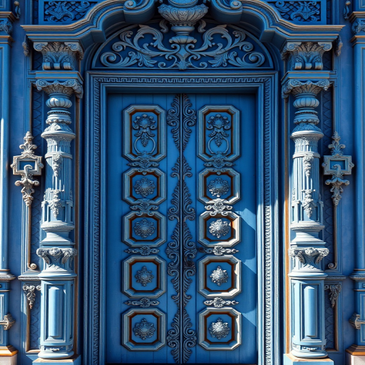 regenerate an image of an ornate blue entrance door with intricate carvings and decorative details, using a Canon EOS 5D Mark IV, 50mm lens, aperture f/8, ISO 100, shot from a straight-on perspective in natural light for enhanced clarity and texture.