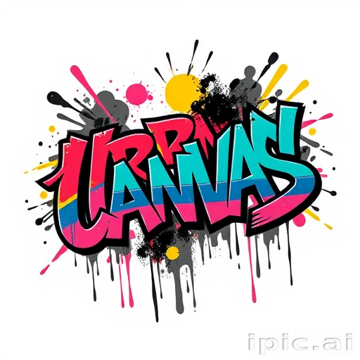 Dynamic graffiti-style tattoo named "Urban Canvas" featuring bold, stylized lettering and graphic elements inspired by street art. Vibrant colors pop against a backdrop of black and grey shading, creating a sense of depth and movement. Drips, splatters, and sharp angles add to the raw, energetic feel of the urban-inspired design.