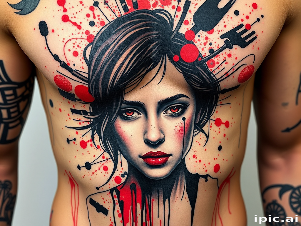 Trash polka style tattoo combining realistic portrait with abstract red and black elements, chaotic yet balanced composition on ribcage