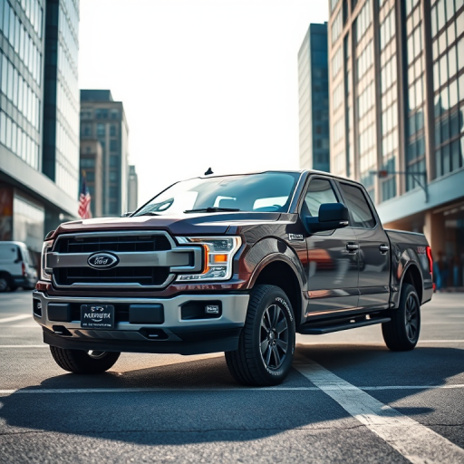 Create a detailed image of a modern pickup truck in a dynamic urban setting, captured with a DSLR camera at 50mm focal length, aperture set to f/4, ISO at 100, using natural lighting for enhanced clarity and contrast.