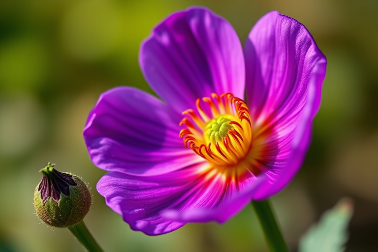 a high-resolution macro photograph of a vibrant purple ranunculus flower with a green stem and a small bud nearby, shot with a Canon EOS 5D Mark IV at f/4, ISO 100, 1/200 sec, natural light, shallow depth of field, soft focus background