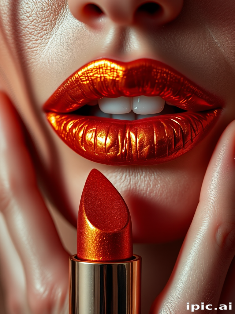 Hypnotic woman lips featuring a metallic copper lipstick, warm and rich, reflecting light uniquely, adding depth and dimension to the lips