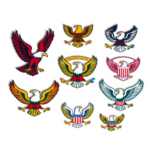 Generate a high-resolution image of various eagle emblems and logos, using a digital camera with a 50mm lens, aperture f/8, ISO 100, in a flat lay view, ensuring vibrant colors and sharp details in a clean composition.