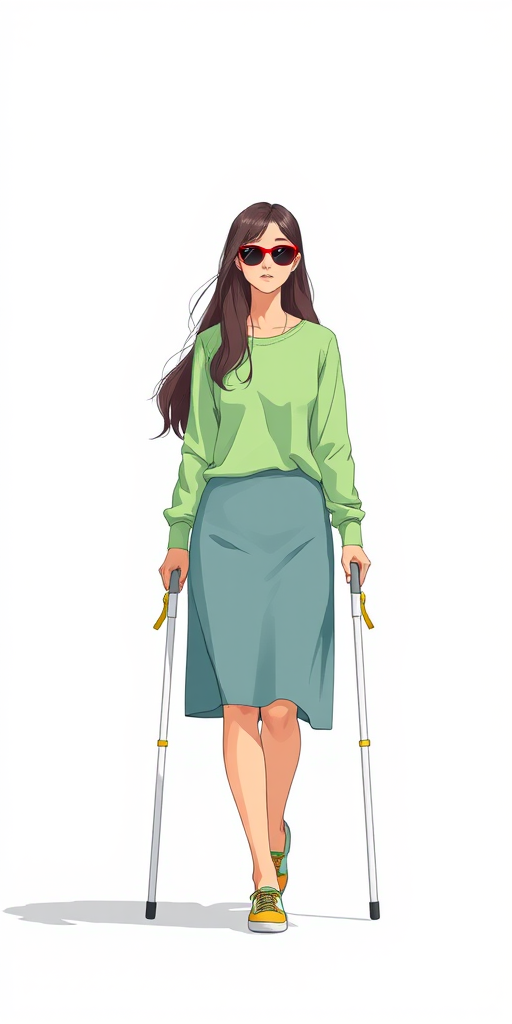Create an enhanced illustration of a person with long hair wearing sunglasses, a light green long-sleeve shirt, and a skirt, walking with a white cane in a minimalist style, using a high-resolution digital art technique, in a bright and vibrant color palette, with a soft focus background to emphasize the subject, captured as if through a DSLR camera with a 50mm lens at f/1.8, ISO 100, and a slight vignette effect.