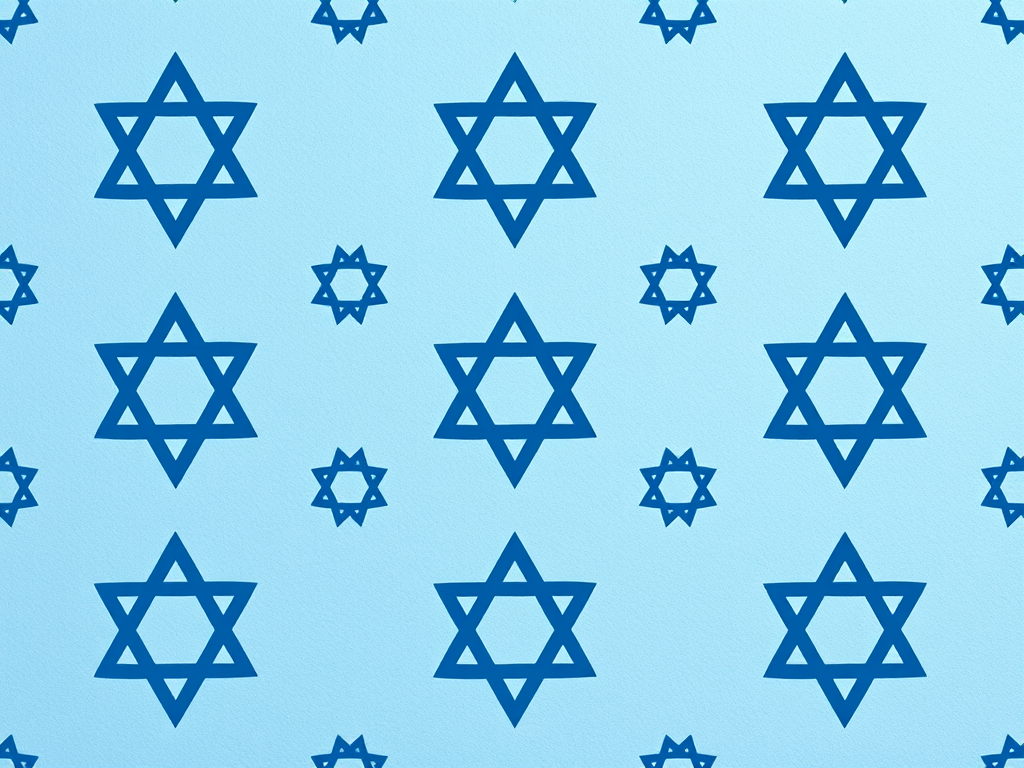 Create a seamless pattern of blue and dark blue Star of David symbols on a textured light blue background, shot with a DSLR camera, f/8 aperture, ISO 100, 50mm lens, top-down view, soft natural lighting.