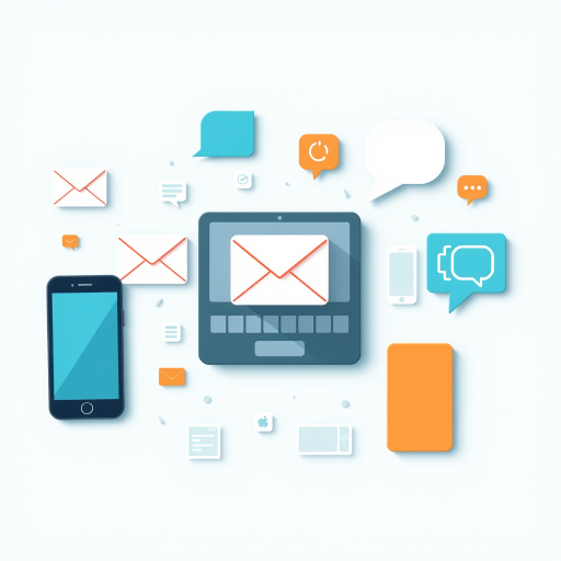 create a high-resolution digital illustration of communication icons including a smartphone, laptop, email, phone, and speech bubble in a modern flat design style, soft lighting, camera settings: ISO 100, f/2.8, 1/125 sec, camera view: overhead, camera style: minimalistic, camera type: digital SLR