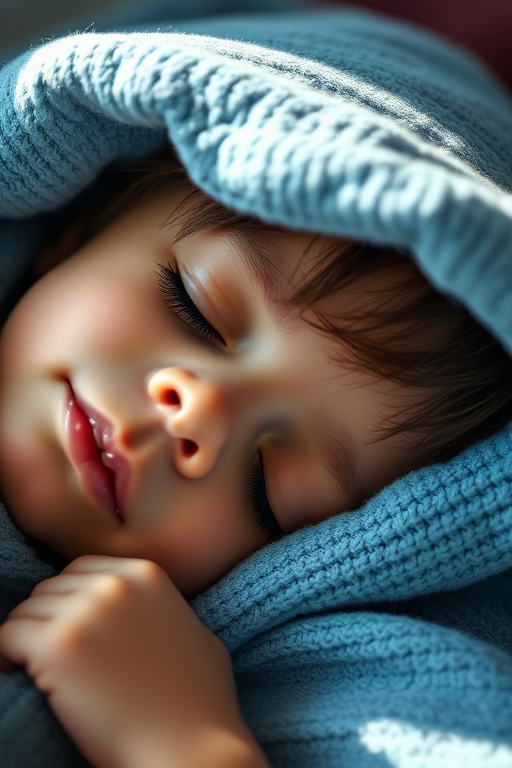 portrait of a young boy lying under a blue blanket with eyes closed, soft lighting for a serene atmosphere, captured with a Canon EOS R5, 50mm lens, aperture f/1.8, ISO 100, shallow depth of field, natural light source, focus on facial expression, highlighting tranquility and comfort