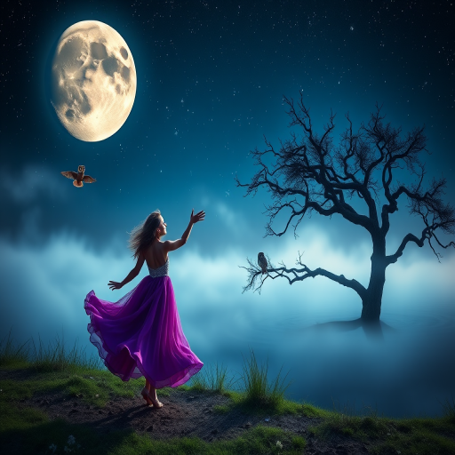 Enchanting fantasy scene of a girl in a purple dress dancing near a misty lake under a starry sky with a large moon, with a silhouette of a tree and an owl perched on a branch, captured with a Canon EOS 5D Mark IV, 50mm lens, f/1.8, ISO 100, long exposure for dreamy effect, focused on vibrant colors and soft bokeh background.