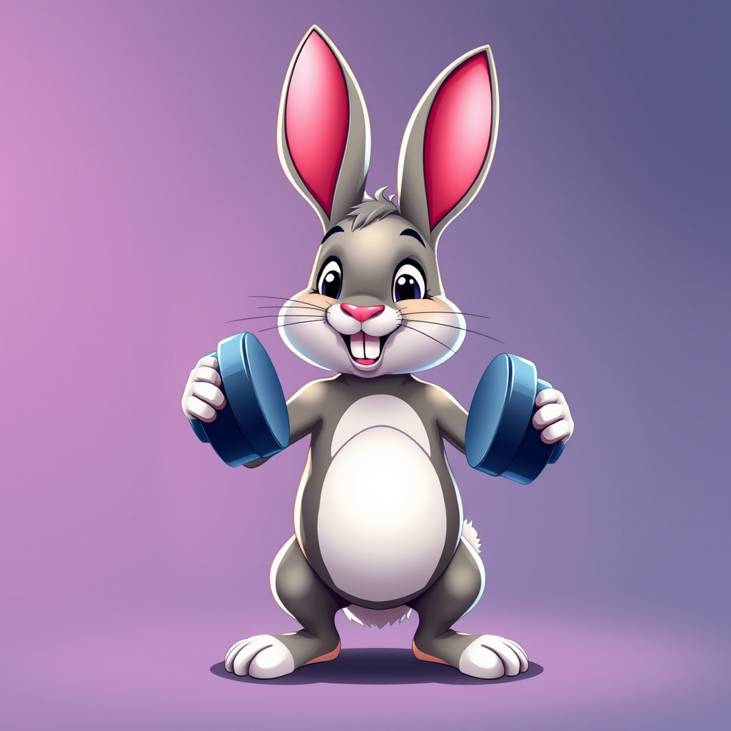 cute cartoon rabbit exercising with dumbbells, bright and colorful, digital art style, high resolution, studio lighting, 50mm lens, f/2.8 aperture, 1/100s shutter speed, ISO 200