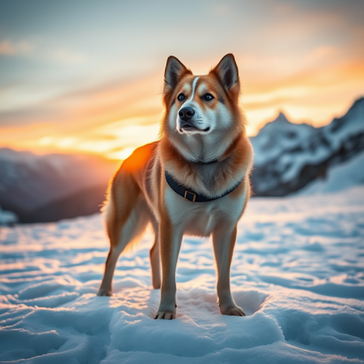 A majestic dog standing on snow with a mountain background during golden hour, captured with a Canon EOS R5, 50mm lens, f/1.8, 1/200s shutter speed, ISO 100, in portrait mode for enhanced depth of field.