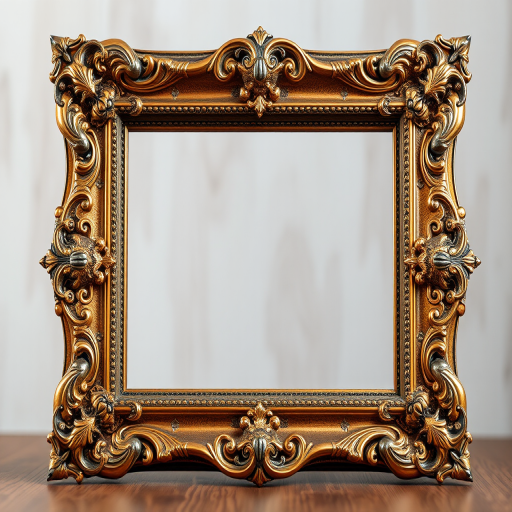 Create a high-resolution image of an ornate wooden picture frame with intricate gold and silver detailing; use a DSLR camera with a 50mm lens, aperture set to f/1.8, shutter speed at 1/125s, ISO 100, and a soft focus background to enhance the frame's texture and design.