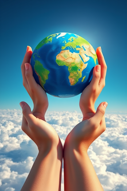 Create an illustration of a globe held in two hands above clouds, in a vibrant and colorful style, using a Canon EOS R5 camera with a 50mm lens, f/1.8 aperture, 1/100 sec shutter speed, and ISO 100, shot in a bright, soft light setting.