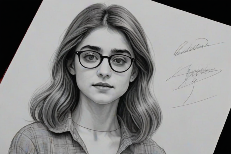 Graceful Natalia Dyer, pencil sketch, portrait of Fascinating woman 1977s in glasses, hair style beatnik, outline, clear lines, fine lines, 8k