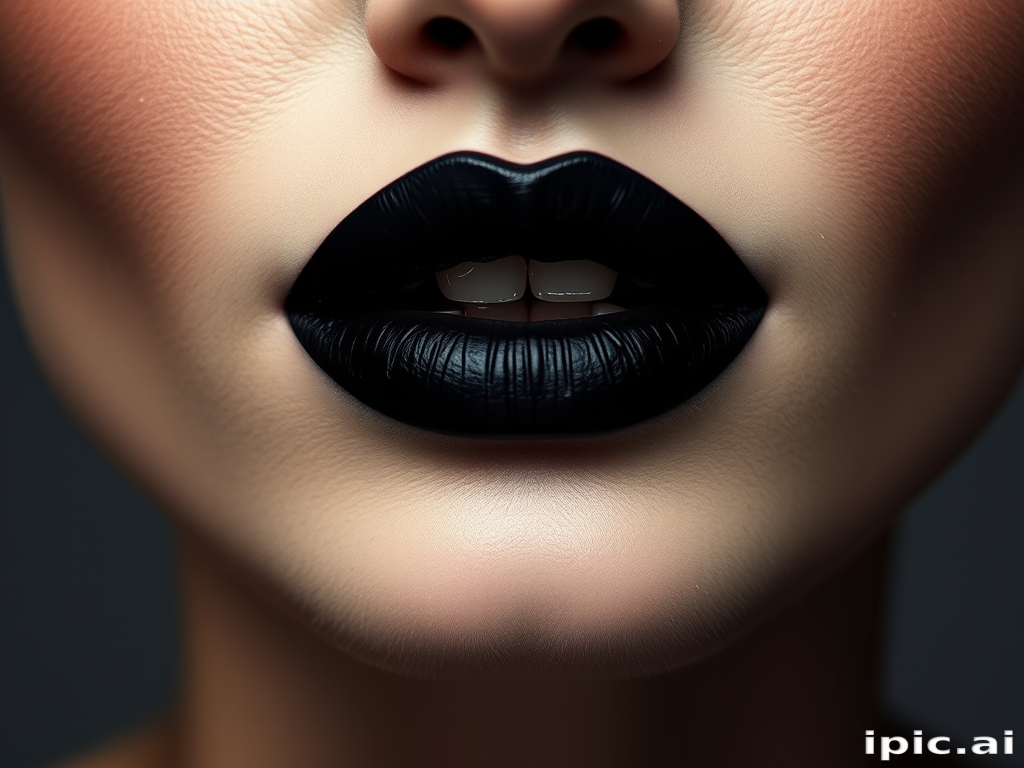 Enigmatic woman lips painted in a matte black lipstick, edgy and dramatic, sharply contoured, making a bold fashion statement