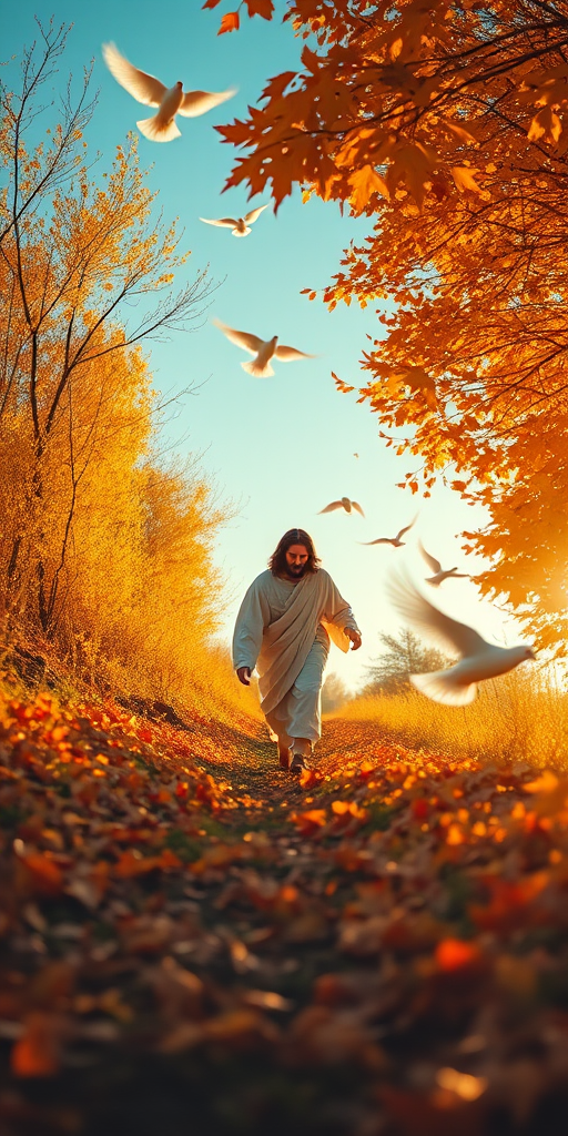 Create an ethereal scene of a figure resembling Jesus walking through a vibrant autumn landscape with falling leaves and white doves, using a DSLR camera with a 50mm lens, f/1.8 aperture, ISO 100, soft focus, and golden hour lighting to enhance the warm colors and details.