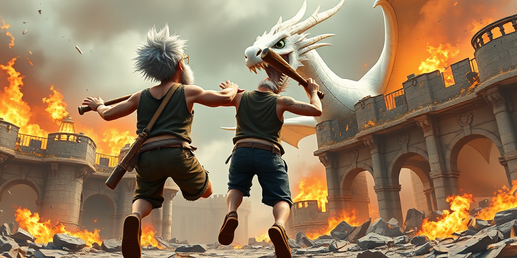 Cartoon 3D High-Resolution,dynamic battle scene using Unreal Engine 5 and Octane Render. The scene features back of an elderly, thai man with a beard,messy hair and round golden-rimmed glasses. He is wearing a tattered tank top with soot marks, shorts, and sandals. sweating. he wields a baseball bat. He jump to fight with a white fire-breathing Europe dragon amidst a partially destroyed stone castle. Include intense flames, smoke, and debris to enhance the dramatic effect.