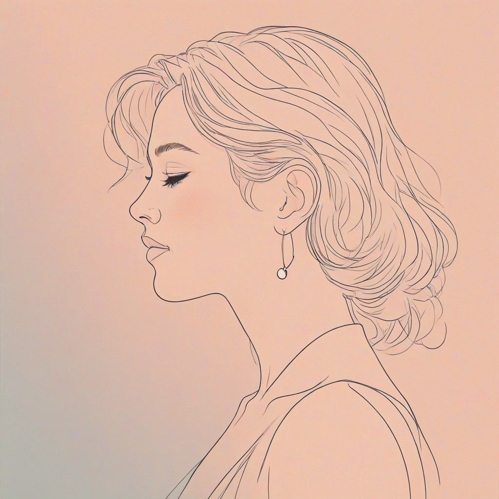Create a minimalist line art illustration of a woman in profile against a solid pastel background, using a Canon EOS R5 with a 50mm f/1.2 lens, aperture set to f/2.8, ISO 100, and a soft focus effect for smooth skin tones and gentle color gradients.