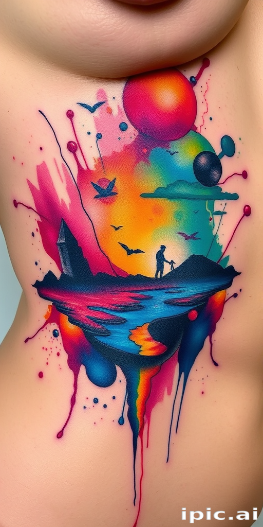 Surreal watercolor splash tattoo on the ribs, featuring vibrant hues melding into a dreamlike landscape, with abstract elements and hidden imagery emerging from the colorful chaos