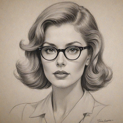 Splendid Tina Louise, pencil sketch, portrait of Graceful woman 1930s in glasses, hair style beatnik, outline, clear lines, fine lines, 8k