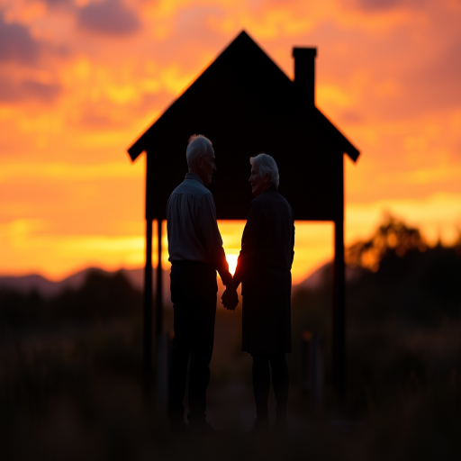 Create an image of an elderly couple silhouette standing together, holding hands under a house shape, set against a beautiful sunset background with vibrant orange and purple hues, shot with a DSLR camera at f/2.8 aperture, ISO 100, 50mm lens, with a slight bokeh effect to enhance the foreground elements.
