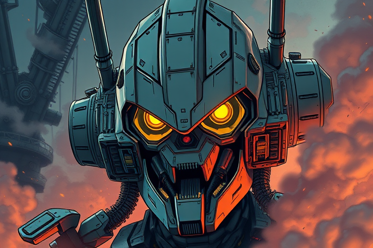Create a highly detailed digital illustration of a large robot with bright yellow eyes and intricate mechanical details, surrounded by a smoky industrial background, captured with a DSLR camera at f/8 aperture, 24mm lens, ISO 400, in a vibrant comic book style.