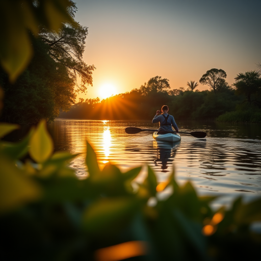 regenerate an image of two people paddleboarding on a tranquil river during sunset, with a vibrant foreground featuring green foliage, shallow depth of field, 50mm lens, f/2.8 aperture, ISO 200, and soft golden lighting, emphasize the serenity of the scene with reflections in the water