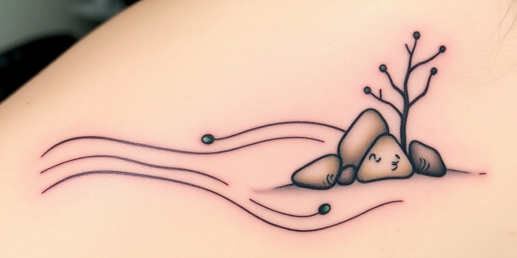 Serene "Zen Garden" tattoo captures the peaceful essence of Japanese rock gardens. Smooth, flowing lines represent raked sand, while strategically placed dots and organic shapes depict rocks and moss. Soft greys and earth tones create a calming atmosphere, perfect for those seeking a minimalist and meditative tattoo design.