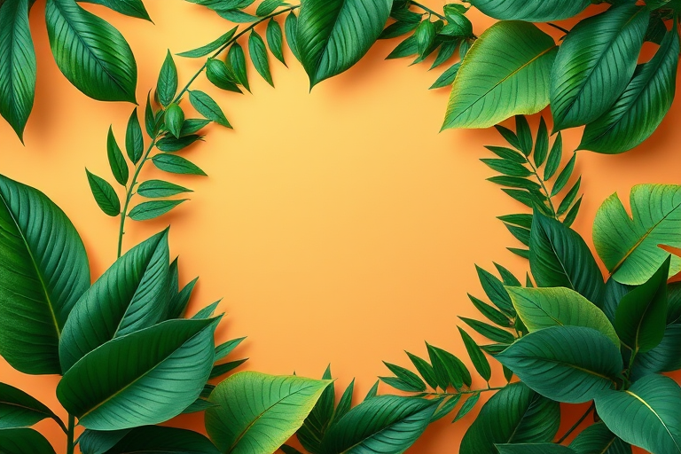 create an image of a circular frame decorated with tropical leaves surrounding a blank center with a warm gradient background, using a DSLR camera, 50mm lens, aperture f/1.8, ISO 100, and soft natural lighting for enhanced clarity and color vibrancy