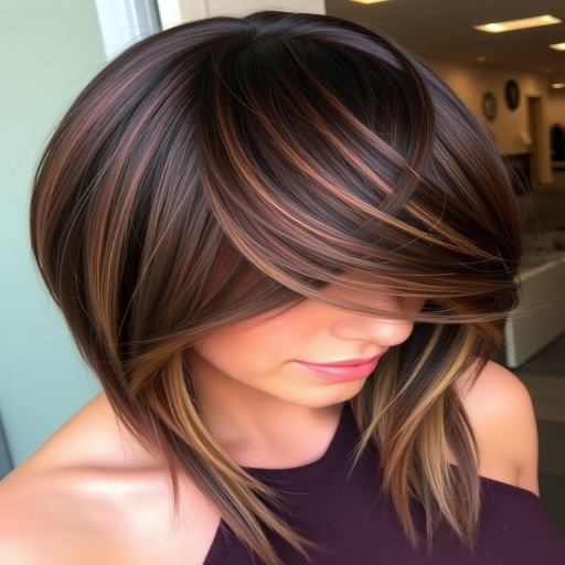 Luscious chocolate brown locks styled in a sleek asymmetrical lob, accented with caramel babylights, exuding warmth and sophistication, titled "Mocha Whisper"