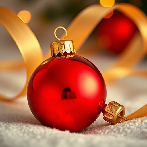 Create an image of a close-up view of a shiny red Christmas ornament with a golden decorative cap, lying on a soft, textured surface. Include a flowing golden ribbon in the background, softly blurred to create a warm, festive atmosphere. The lighting should be soft and warm, enhancing the holiday spirit.