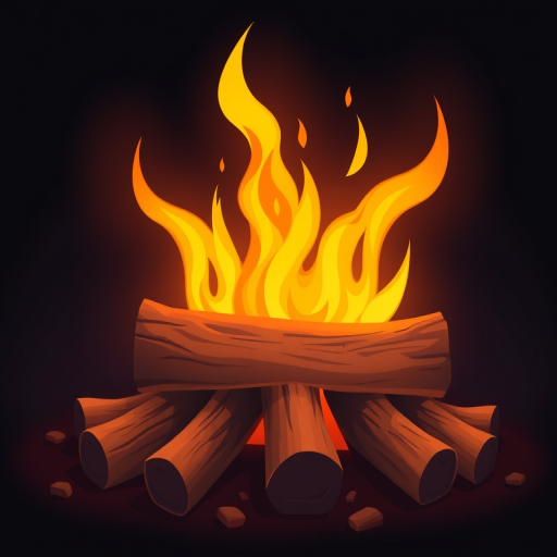 Create a vibrant illustration of a campfire with bright yellow and orange flames dancing over a stack of brown logs in a dark background, using a digital art style, 300 DPI resolution, soft focus effect, and 35mm lens.