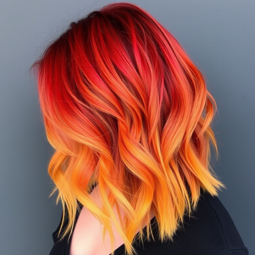 Fierce image showcases Wildfire Ombre shoulder-length hair, transitioning from deep red roots to bright orange mid-lengths and yellow tips, styled in tousled beach waves