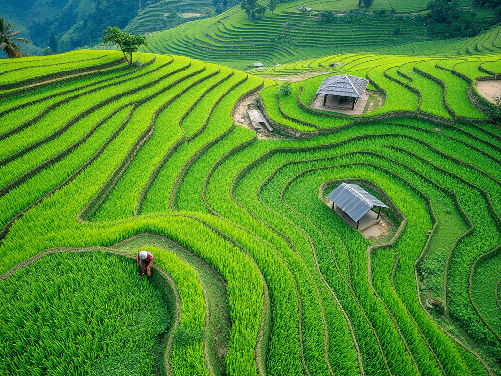A scenic view of lush green rice terraces with a farmer working in the field and a traditional shelter in the background, captured with a Canon EOS R5, 24mm lens, f/8 aperture, ISO 100, natural light, aerial view.
