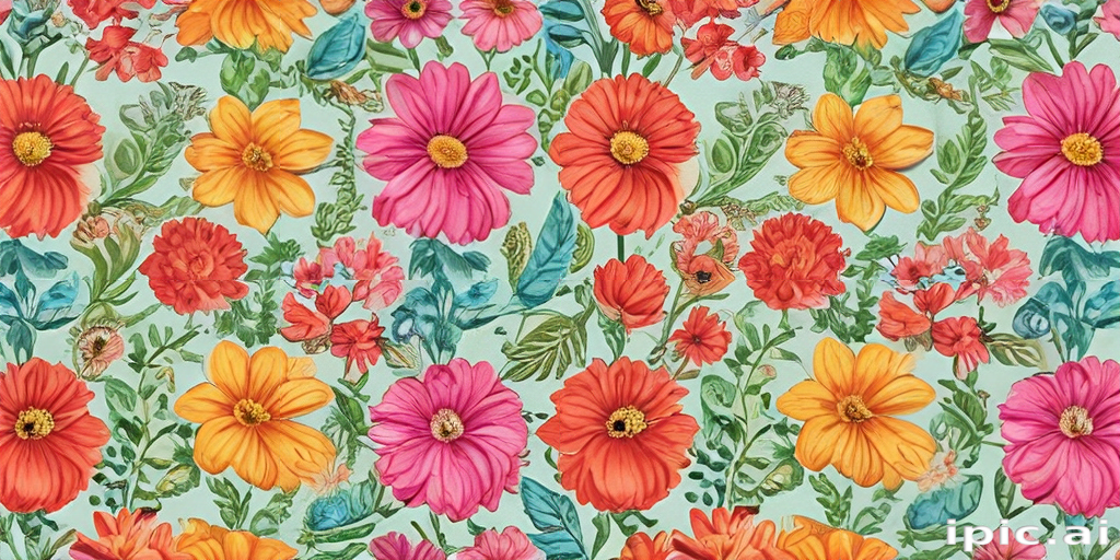 A Vibrant Floral Pattern Featuring Colorful Blooms and Lush Greenery.