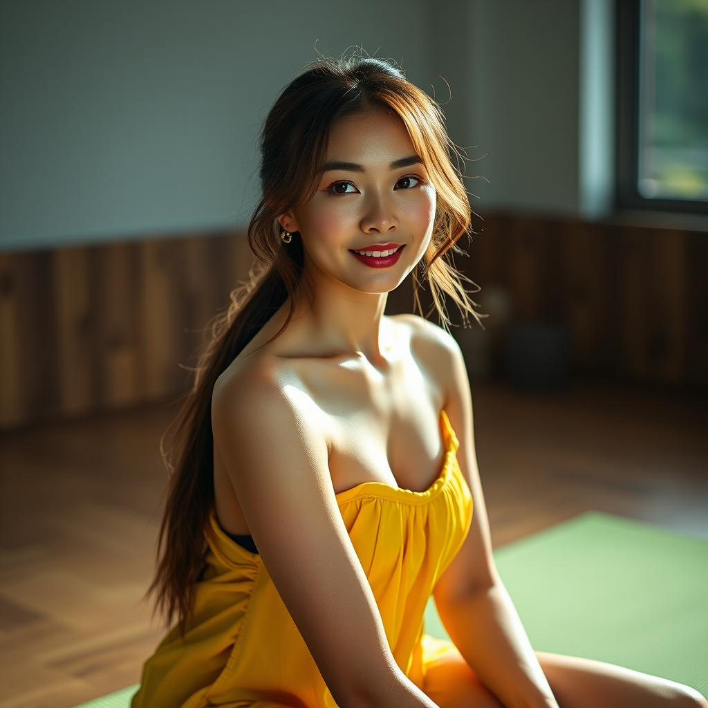 Resplendent photo of woman:Chinese:0.4, highlight hair, wearing Banana dress, sitting on Yoga mat, rim lighting, studio lighting, looking at the camera, dslr, ultra quality, sharp focus, tack sharp, dof, film grain, Fujifilm XT3, crystal clear, 8K UHD, highly detailed glossy eyes, high detailed skin, skin pores