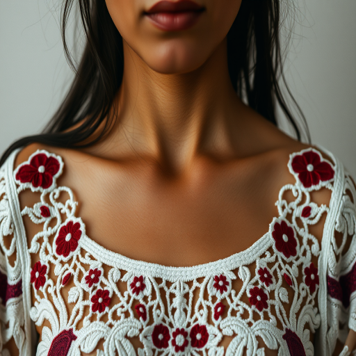 Face, shoulders, chest covered in openwork Ukrainian embroidery. Raw, unedited image.