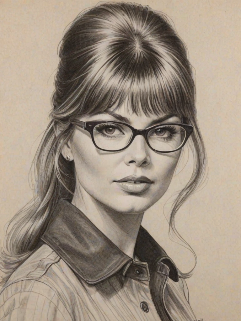 Enticing Fergie, pencil sketch, portrait of Beauteous woman 1963s in glasses, hair style beatnik, outline, clear lines, fine lines, 8k