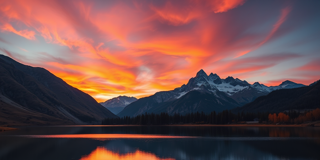 high resolution image of a serene mountain landscape during sunrise, with vibrant colors in the sky and reflections in a calm lake, wide-angle view using a Canon EOS 5D Mark IV, f/8 aperture, ISO 100, 1/200 sec exposure, natural lighting