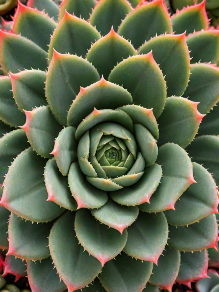 Close-up view of a vibrant green succulent plant with spiraled leaves and red-tipped edges, showcasing intricate patterns and textures.