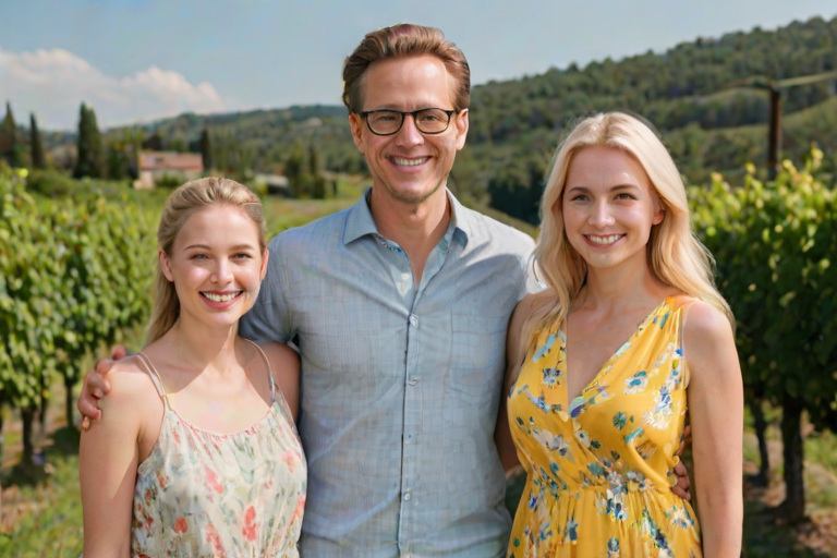 A medium shot photo of three peoplea man and two women posing happily in front of a vineyard under bright natural light. The image has a vibrant color palette, with the greenery of the vineyard and clear blue sky enhancing the cheerful atmosphere. The man, who appears to be Caucasian with an older appearance, has a medium build and light skin with a slight tan. He wears glasses, a light blue button-up shirt, and plaid shorts, smiling warmly while standing between the two women. On his right, a woman with fair skin and blonde hair tied back is wearing a yellow sundress with colorful floral patterns; she leans slightly towards him, smiling at the camera. On his left, the other woman, also with fair skin and blonde hair tied back, wears a blue patterned blouse and dark trousers, leaning in with a broad smile. The bright sunlight casts soft shadows, creating a lively, clear atmosphere. The setting is a vineyard with rows of lush vines and tall, thin cypress trees lining a path. The balustrade they lean against adds a touch of elegance, suggesting a winery or an estate. The image captures intricate details with high clarity, and the bright lighting emphasizes both the subjects and the scenic backdrop, evoking a warm and joyful moment shared among family or friends