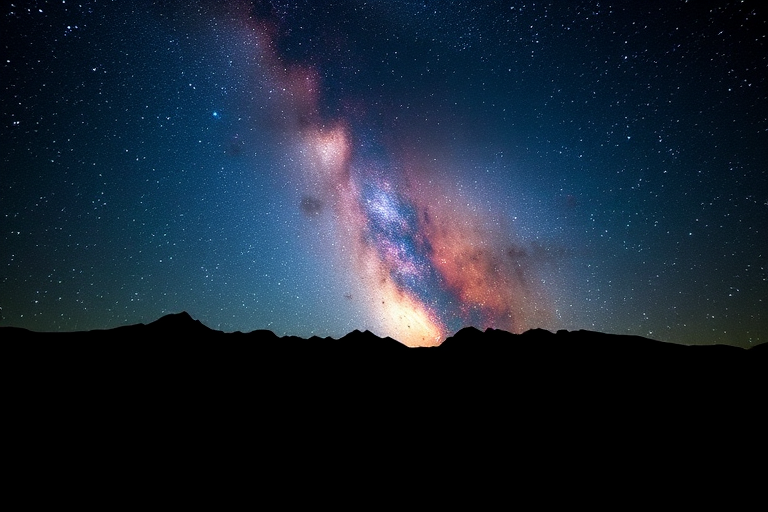 Generate an image of a starry night sky with a silhouette of a mountain range in the foreground, using a Canon EOS R5 with an ISO of 3200, aperture f/2.8, shutter speed 20 seconds, wide-angle lens at 24mm, capturing the Milky Way in vibrant detail and sharp contrast.