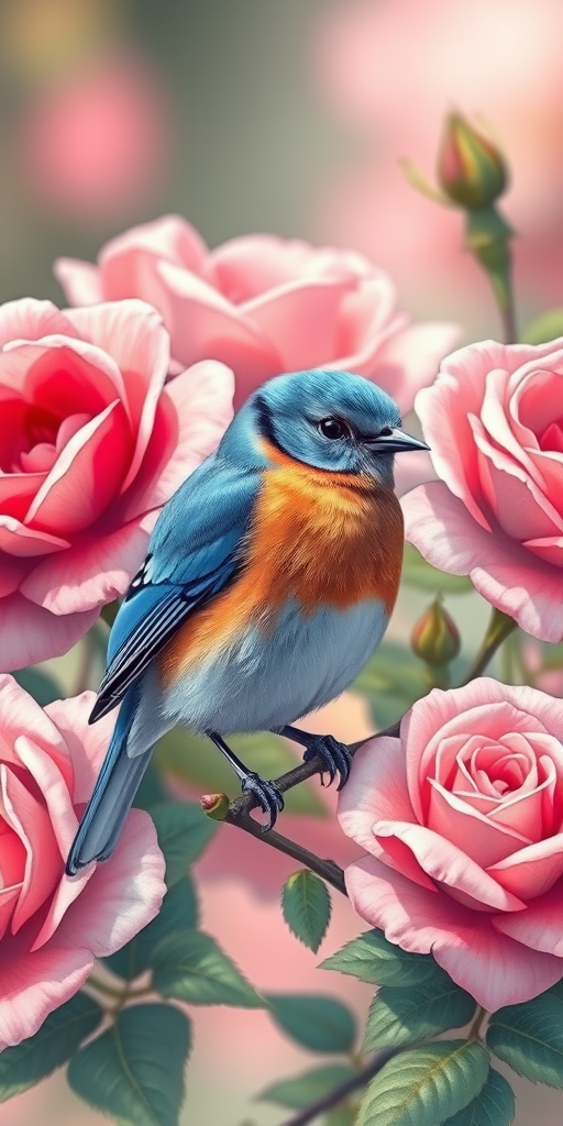 Create a detailed and vibrant illustration of a bluebird perched among blooming roses, with a soft-focus background, using a DSLR camera at f/2.8 aperture, ISO 100, 50mm lens, shot in natural light for enhanced color saturation and depth.