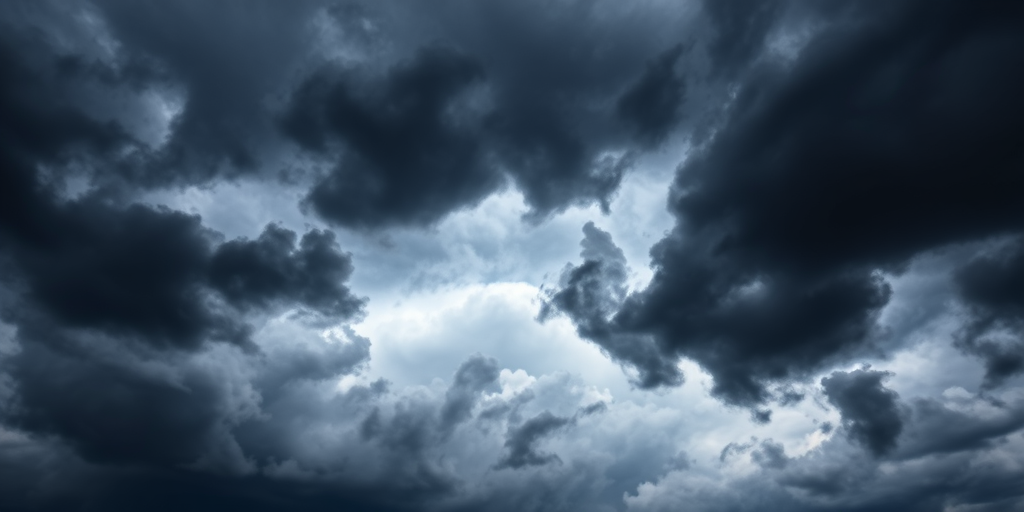 Capture a dramatic sky with dark, swirling storm clouds using a DSLR camera with a 24mm lens, ISO 100, aperture f/8, shutter speed 1/250s, positioned at eye level to emphasize texture and depth.