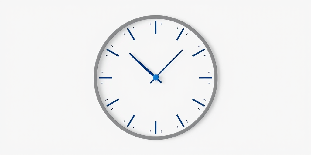 Create a minimalist design of a circular clock with a blue hour hand and gray circular outline on a white background, captured using a DSLR camera at f/2.8 aperture, ISO 100, 50mm lens, with a soft natural light to enhance the color contrast and clarity.