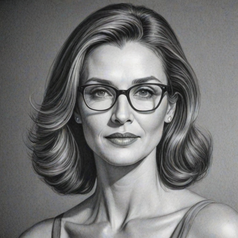 Delightful Brenda Strong, pencil sketch, portrait of Stunning woman 1968s in glasses, hair style beatnik, outline, clear lines, fine lines, 8k