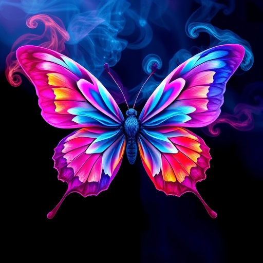 Create a vibrant and colorful butterfly design using swirling smoke patterns in shades of blue, purple, pink, and orange. The wings should be intricately detailed with flowing, ethereal shapes that evoke a sense of movement and grace.