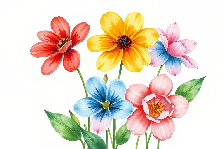 Regenerate a vibrant watercolor illustration of five flowers, featuring red, orange, yellow, blue, and pink blooms with green leaves in a minimalist style, using a Canon EOS R5 with a 50mm f/1.2 lens, aperture set to f/2.8, ISO 100, and soft natural lighting for enhanced color saturation and detail.